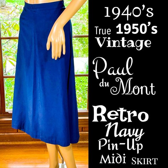 ▪️VTG▪️PAUL Du MONT▪️1940's 1950's Retro Navy Blue Pin-Up Textured Midi Skirt